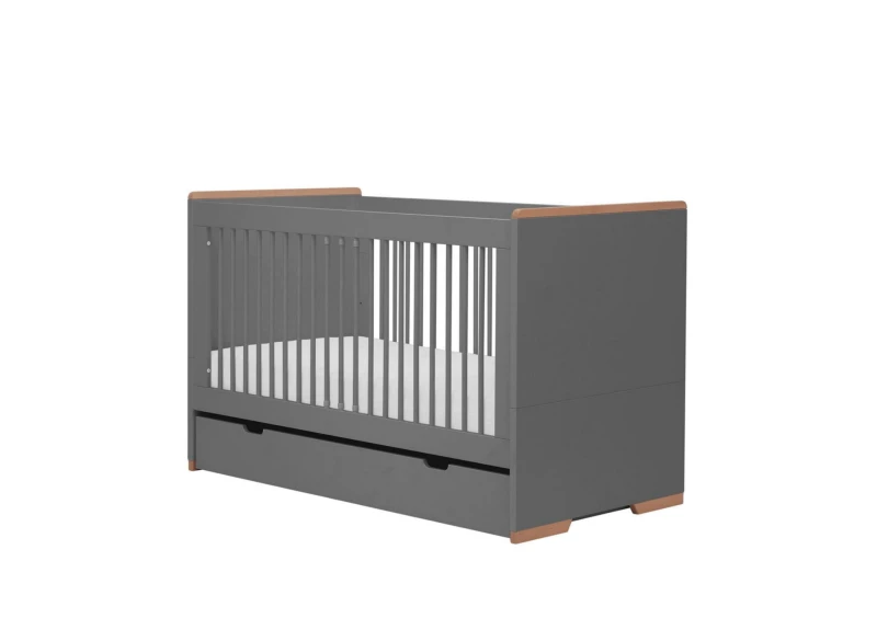 Szare łóżeczko dziecięce z pojemną szufladą do przechowywania pościeli