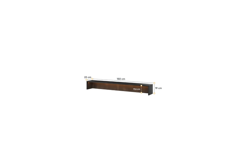 Rysunek techniczny z wymiarami czarnej półki wiszącej o szerokości 150 cm.