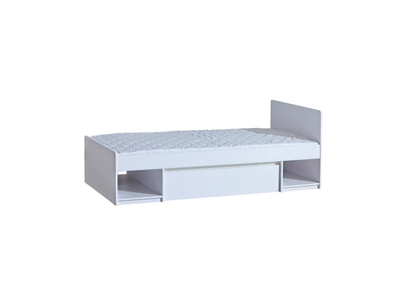 Nowoczesne białe łóżko jednoosobowe z szufladą i materacem.