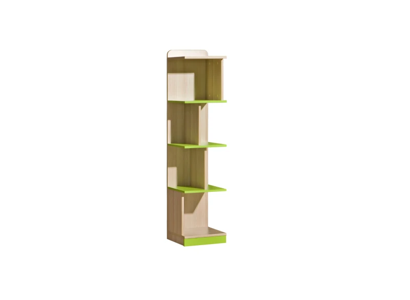 Wąski regał dziecięcy, jasne drewno z limonkowymi półkami