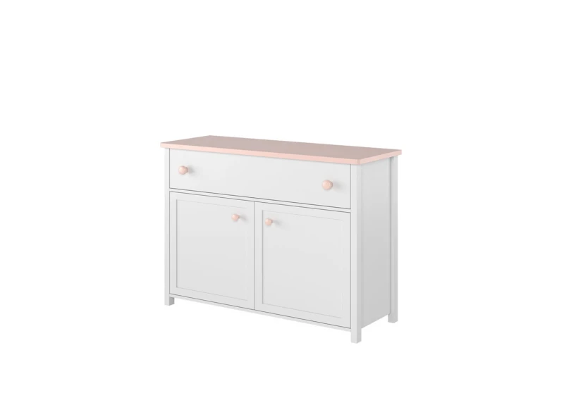 Biała komoda z różowym blatem, szeroką szufladą i szafką.