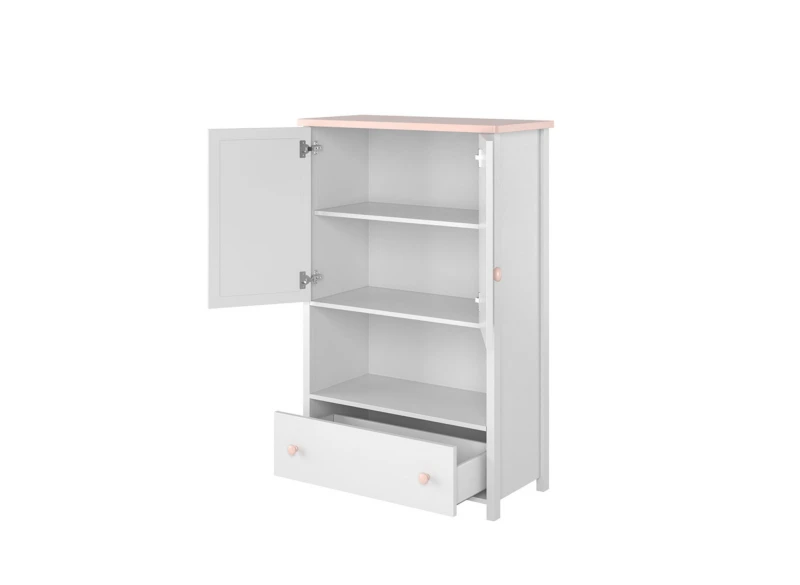 Biała szafka dziecięca z otwartymi drzwiami i szufladą, różowe uchwyty.