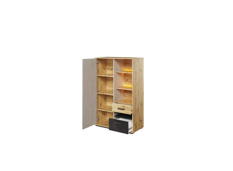 Komoda z otwartymi szufladami i drzwiami, podświetlane półki LED, dąb artisan.