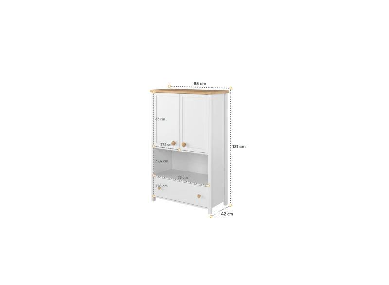 Wymiary białego regału: szerokość 85 cm, wysokość 131 cm, głębokość 42 cm z podziałem na sekcje.