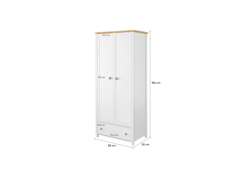 Wymiary białej szafy: wysokość 186 cm, szerokość 85 cm, głębokość 52 cm.