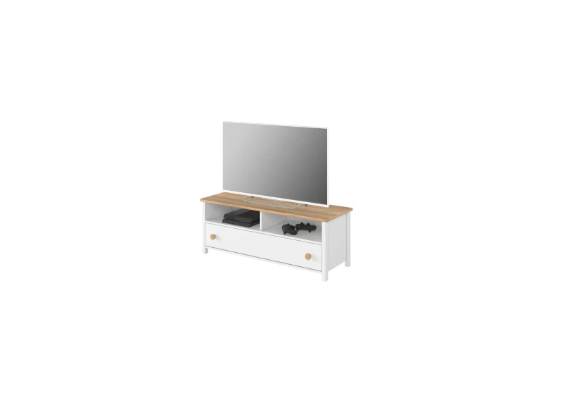 Szafka pod telewizor z konsolą do gier i padami, biała komoda RTV.