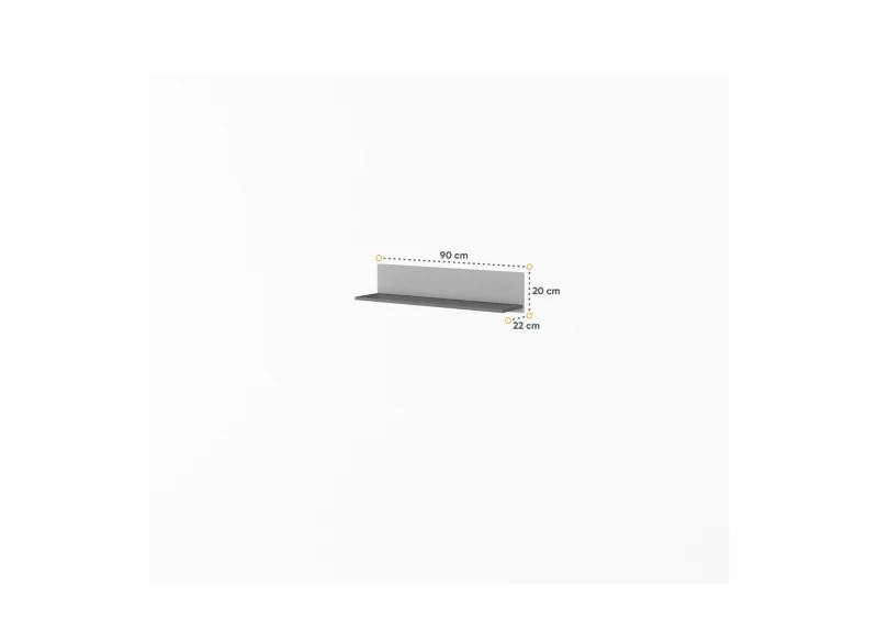 Wymiary szarej półki na ścianę: szerokość 90 cm, głębokość 22 cm.