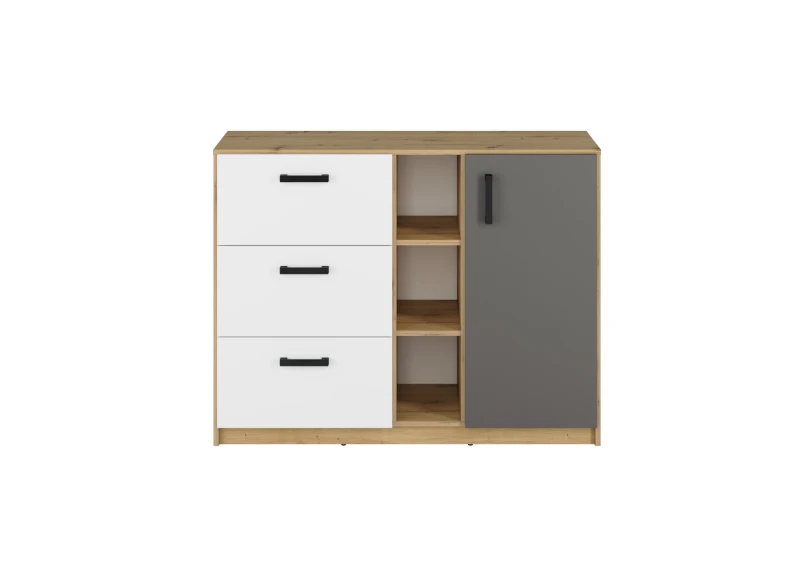 Nowoczesna komoda dąb artisan z białymi szufladami i szarymi drzwiami, czarne uchwyty.