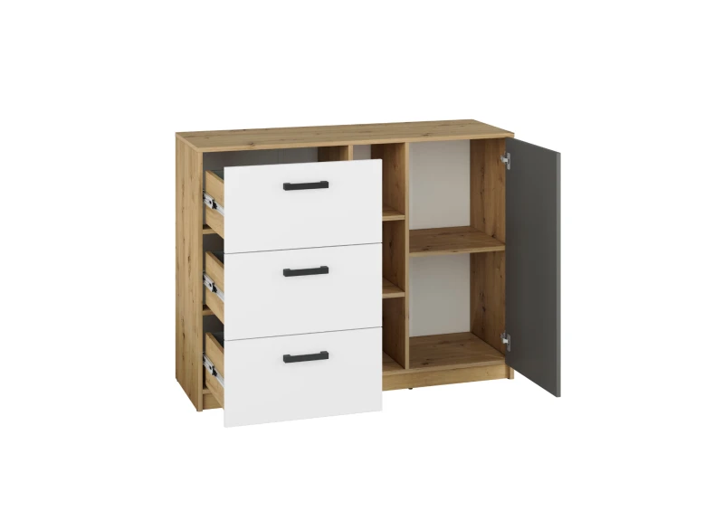 Komoda dąb artisan z wysuniętymi białymi szufladami i otwartymi szarymi drzwiami.