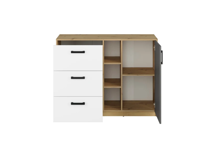 Widok z przodu na komodę z otwartymi szufladami i drzwiczkami, dąb i grafit.