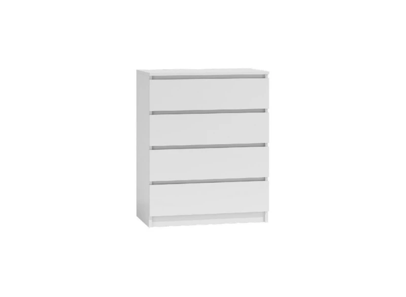 Biała komoda z 4 szufladami, nowoczesny i minimalistyczny styl.