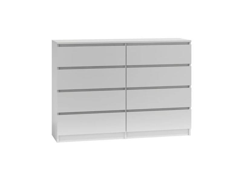 Pojemna biała komoda z ośmioma szufladami, minimalistyczny design.