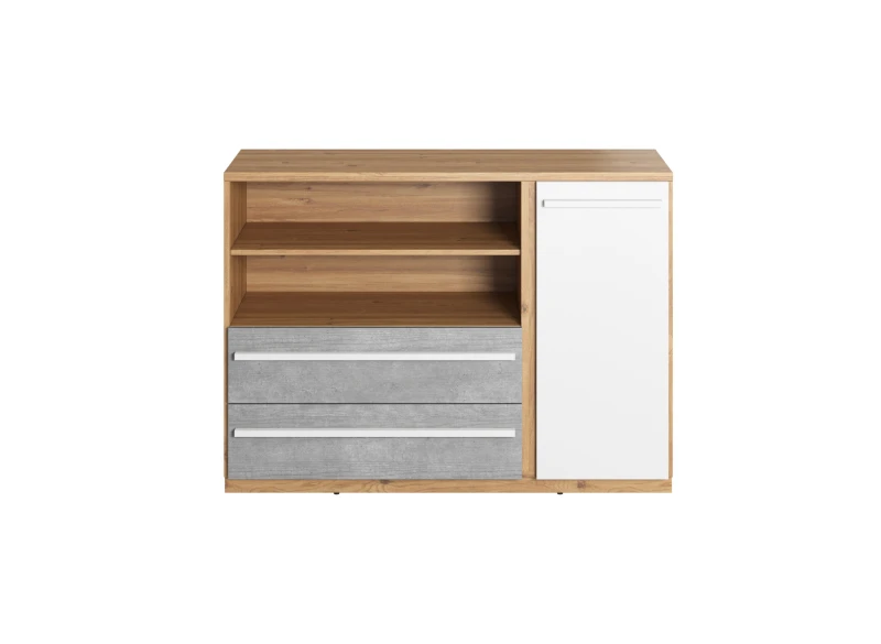 Szeroka komoda dębowa z dwiema szarymi szufladami i białym frontem