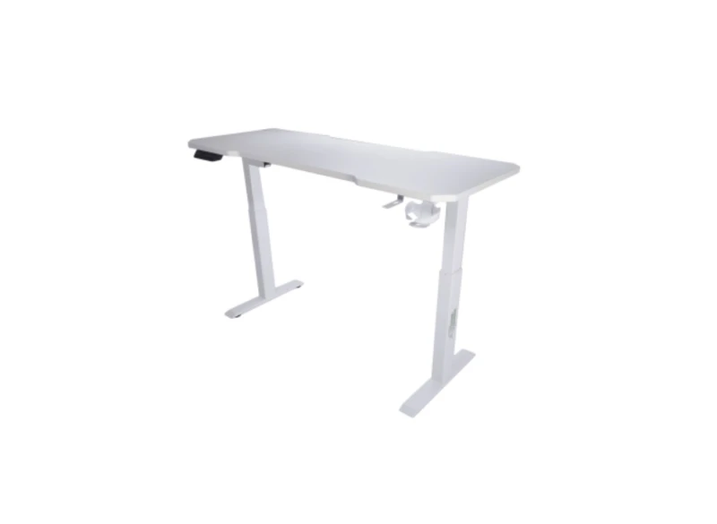 Białe biurko z elektryczną regulacją wysokości, ergonomiczne, nowoczesny design, widok z boku na białym tle.