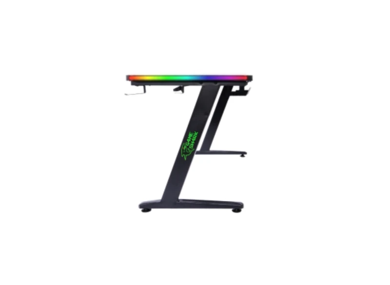 Czarne biurko gamingowe Z-line z podświetleniem krawędziowym RGB i logo.