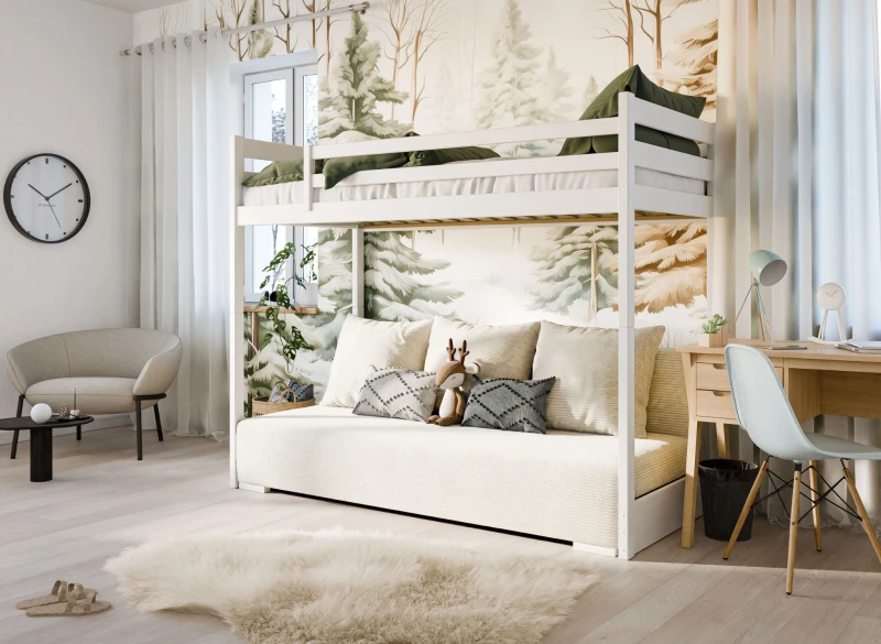 Białe łóżko piętrowe z dolną sofą w pokoju dziecięcym z leśnym motywem.
