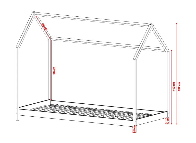 Schemat łóżka dziecięcego domek z drewna, z wymiarami, na białym tle.