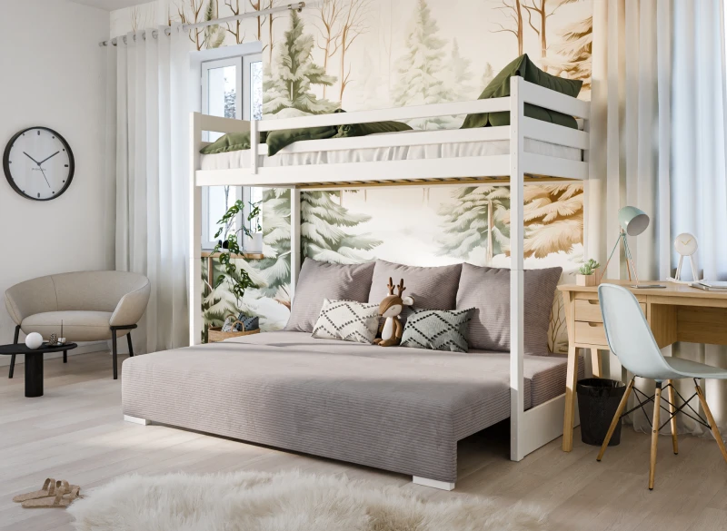 Białe łóżko antresola z rozłożoną szarą kanapą do spania