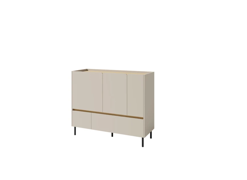 Nowoczesna beżowa komoda na czarnych nóżkach z drewnianymi detalami w stylu minimalistycznym.