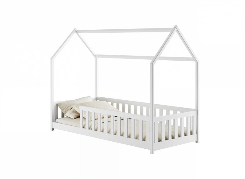 Rysunek techniczny białego drewnianego łóżka dziecięcego w kształcie domku z barierkami, z wymiarami, na białym tle.