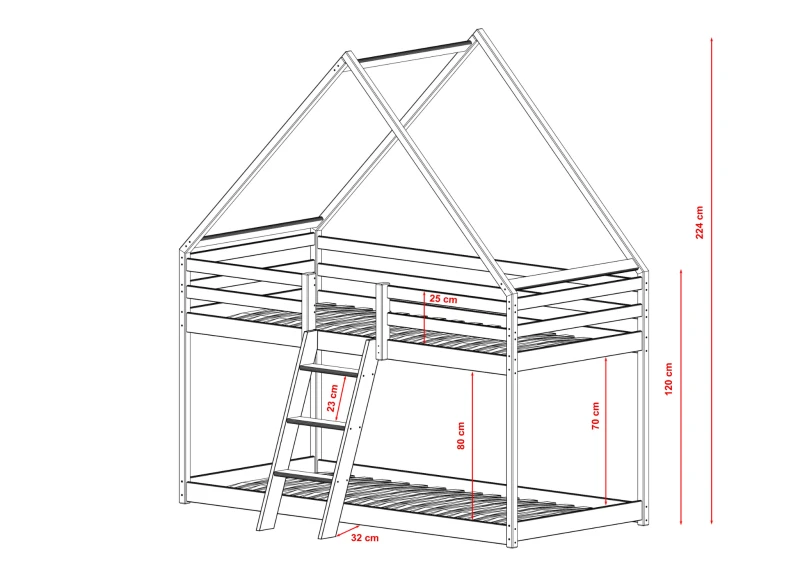 Schemat łóżka piętrowego domek z drewna, z drabinką, widoczne wymiary produktu na białym tle.