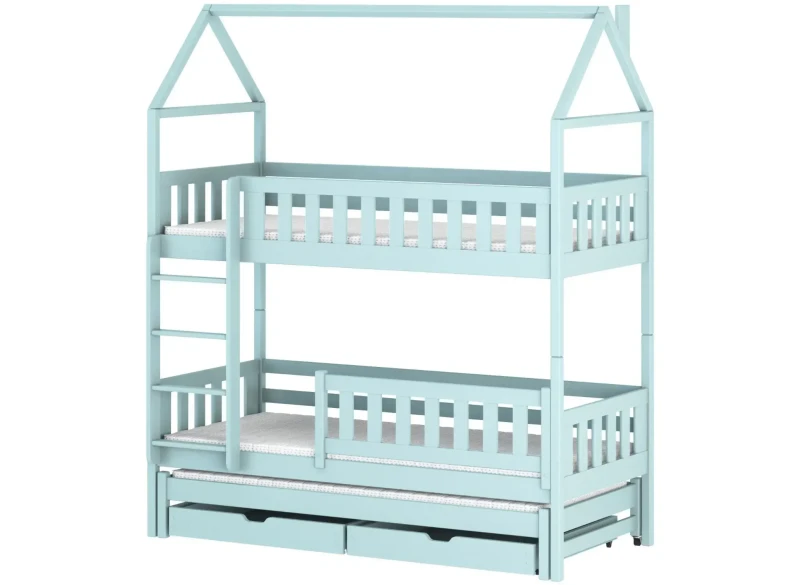 Błękitne drewniane łóżko piętrowe domek 3-osobowe z wysuwanymi szufladami i drabinką, na białym tle.