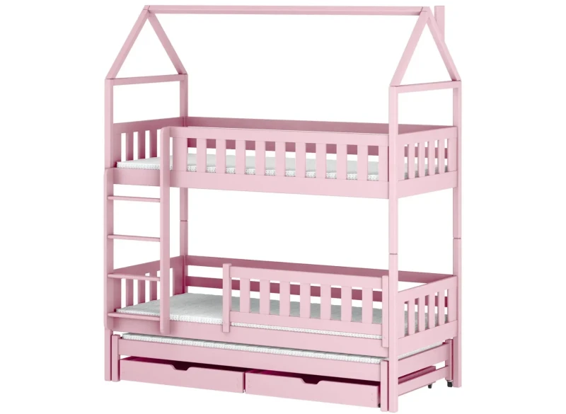 Rysunek konstrukcyjny łóżka piętrowego typu domek z naniesionymi wymiarami w centymetrach.