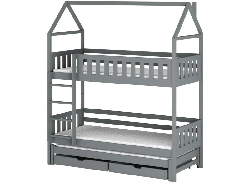 Wymiary łóżka piętrowego domek dla trojga dzieci, rysunek techniczny z wymiarami.