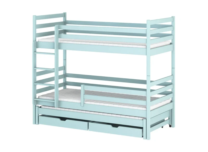 Jasnoniebieskie łóżko piętrowe z drewna, z materacami i szufladami, do pokoju dziecięcego, na białym tle.