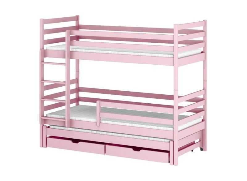 Wymiary trzyosobowego łóżka piętrowego z wysuwanym spaniem i szufladami.