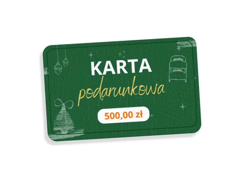 Karta podarunkowa zielona, z motywem świątecznym, o wartości 500,00 zł, na białym tle.