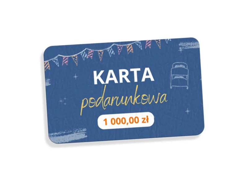 Niebieska karta podarunkowa o wartości 1000 zł do sklepu meblowego.
