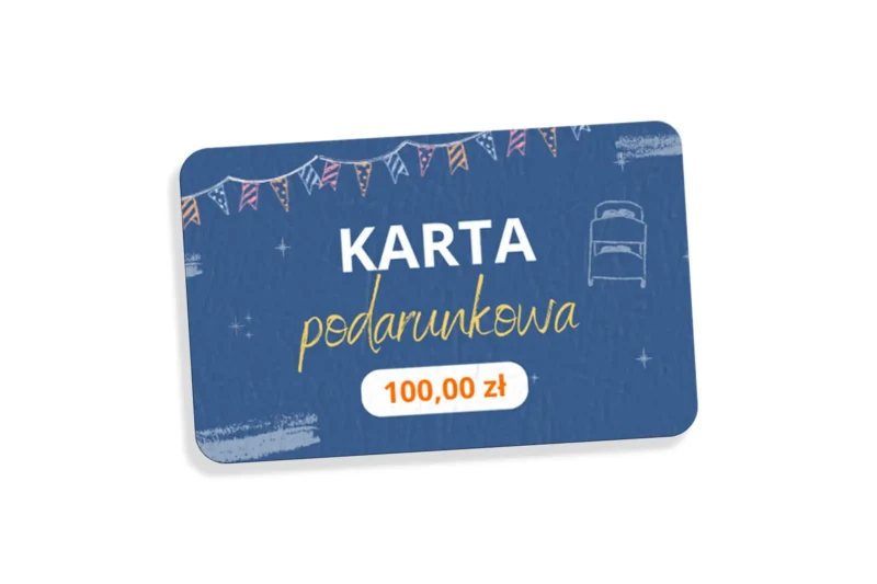 Niebieska karta podarunkowa o wartości 100 zł z napisem Karta podarunkowa.