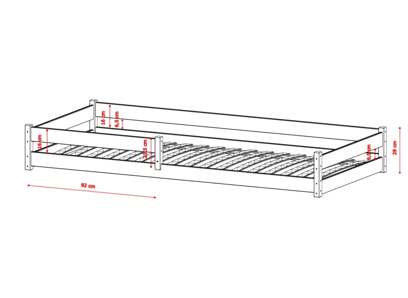 Schemat wymiarów drewnianego łóżka dziecięcego z listwowym stelażem, widok z boku na białym tle.
