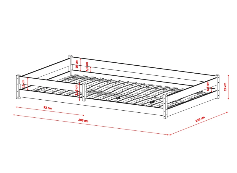 Schemat wymiarów drewnianego łóżka dziecięcego z wysuwanym materacem, widok z góry na białym tle.