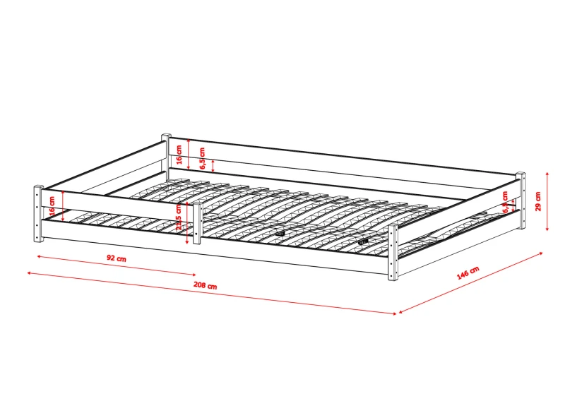 Schemat wymiarów białego drewnianego łóżka podłogowego dla dzieci 90x200 cm na białym tle.