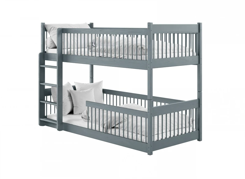 Plan budowy łóżka piętrowego z drabinką i wysuwanym dołem, szczegółowe detale wymiarowe.