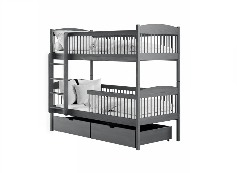 Schemat wymiarów łóżka piętrowego potrójnego dla dzieci, rysunek techniczny.