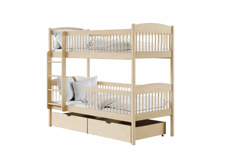 Łóżko piętrowe domek - specyfikacja wymiarowa na rysunku.