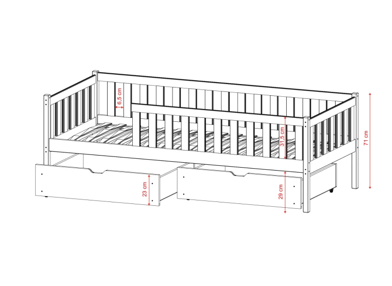 Białe drewniane łóżeczko dziecięce z szufladami i barierką, widok z wymiarami na białym tle.