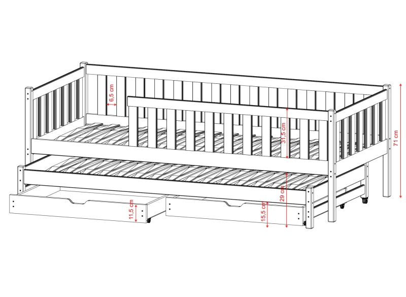 Białe drewniane łóżko dziecięce z wysuwanym spaniem i szufladami. Rysunek techniczny z wymiarami.