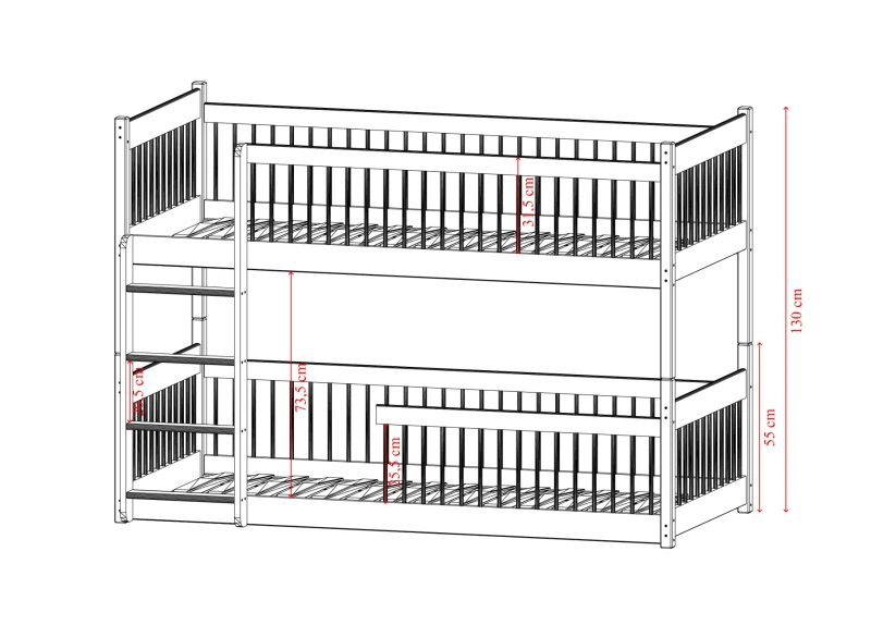 Schemat konstrukcji łóżka piętrowego dla dzieci z wymiarami