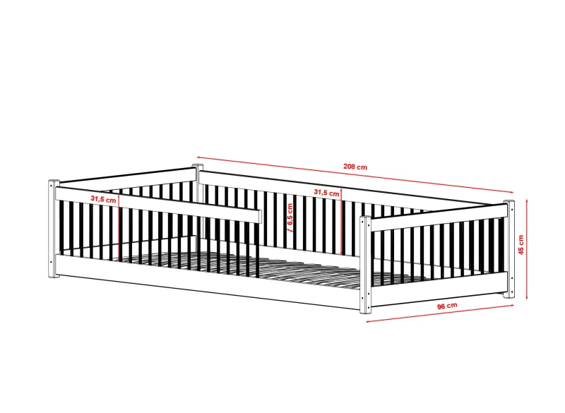 Wymiary łóżka dziecięcego drewnianego białego z barierką i wysuwanym spaniem, na białym tle.