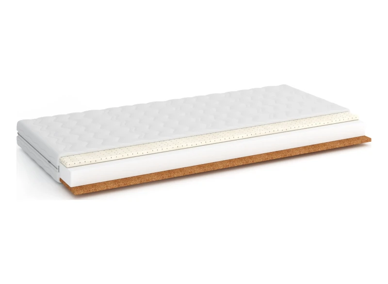 Materac z przekrojem: biała pianka, beżowy lateks, mata kokosowa, biały pokrowiec. Na białym tle.