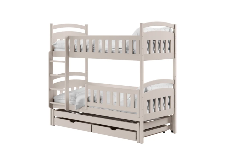 Rysunek techniczny z wymiarami piętrowego łóżka dla dzieci w kolorze białym.