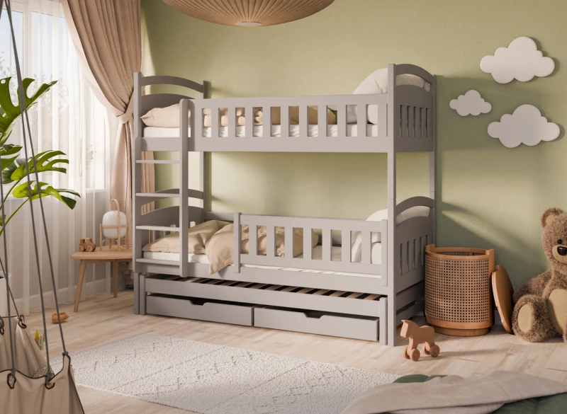 Nowoczesne łóżko piętrowe dla dzieci w kolorze szarym.