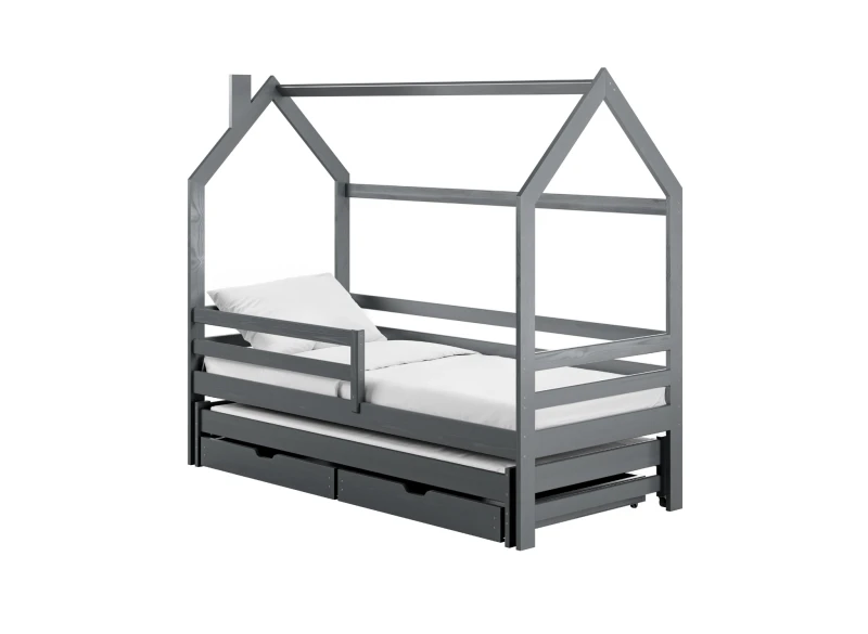 Białe łóżko domek dla dzieci, z funkcją spania dla dwójki i szufladami, szczegółowy rysunek techniczny z wymiarami.