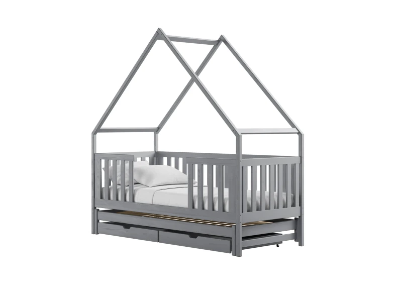 Białe drewniane łóżko piętrowe z szufladami, schemat z wymiarami produktu, na białym tle.