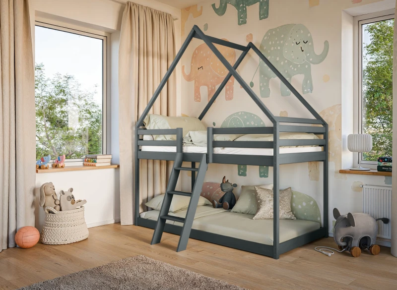 Rysunek techniczny łóżka sosnowego z wysuwanym spaniem i dwiema szufladami, naturalne drewno, na białym tle.