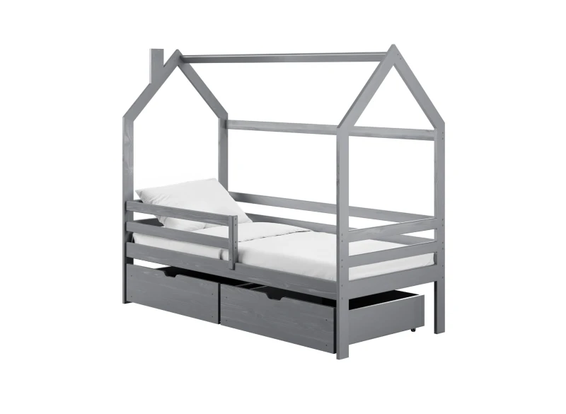 Kompletny schemat konstrukcji łóżka piętrowego z opisem wszystkich wymiarów.